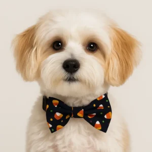 Cute dog wearing candy corn bow tie.