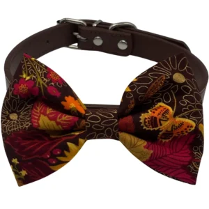 Colorful floral bow tie on leather collar