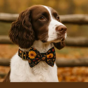 Dog with sunflower bow tie, autumn background