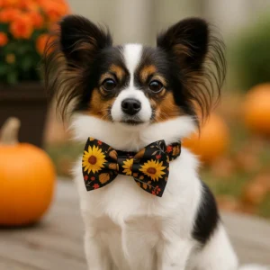 Papillon dog with sunflower bowtie and pumpkins in fall