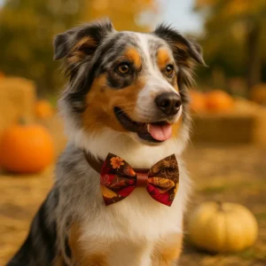 Dog with bow tie in pumpkin patch.