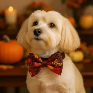 Cute dog in autumn-themed bow tie, pumpkins behind.