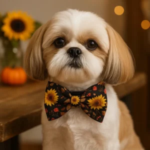 Dog with sunflower bow tie sitting indoors.