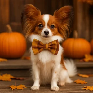 Papillon dog with bow tie and pumpkins