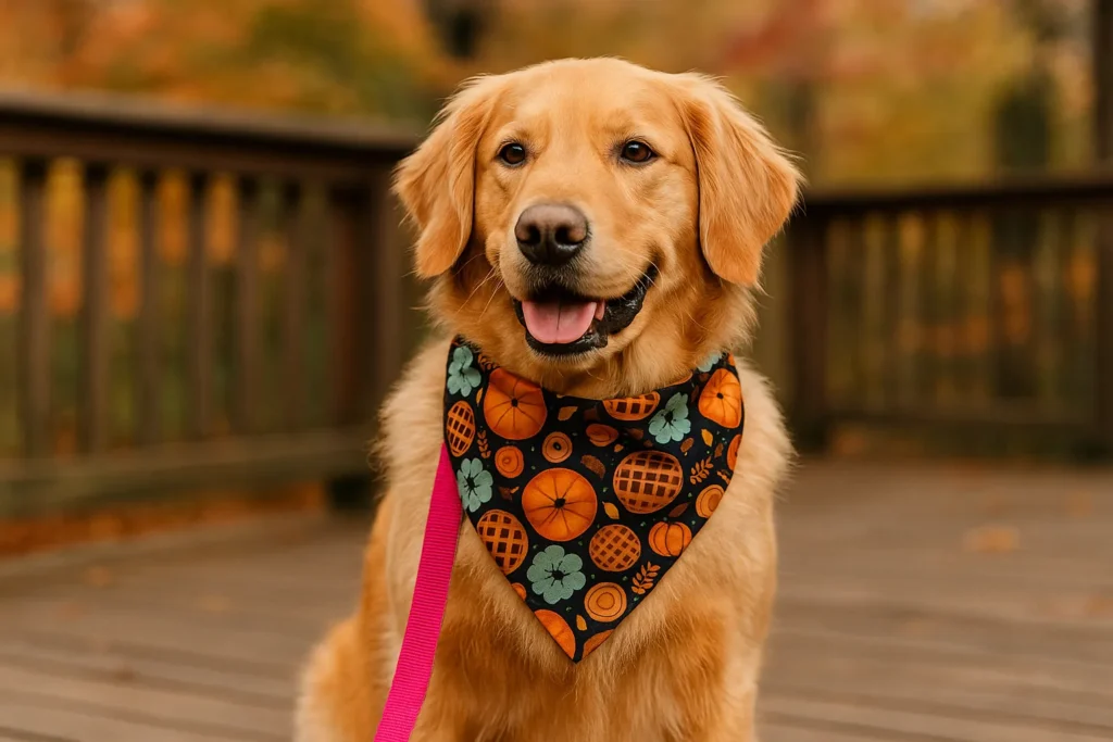 limited batch fall lifestyle Golden retriever with autumn bandana on wooden deck.