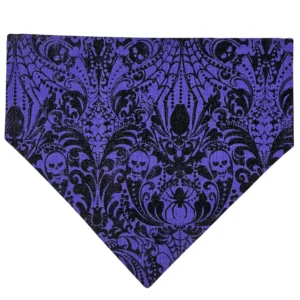 Purple bandana with skull and spider pattern.