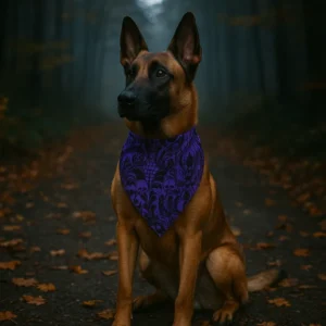 Dog wearing purple bandana in forest path.