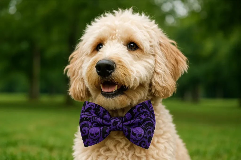 pet fashion trends1 Fluffy dog with purple skull bow tie