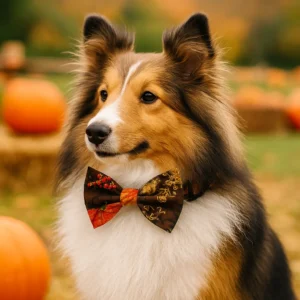 Sheltie dog with autumn-themed bow tie outdoors.