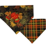 pumpkin patch reversible over the collar bandana Autumn-themed bandanas with pumpkin and plaid designs.