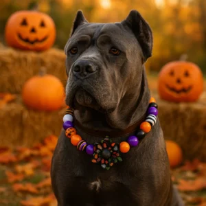 Dog with Halloween necklace and pumpkins
