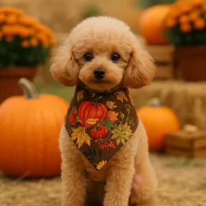 Cute puppy in fall-themed scarf with pumpkins