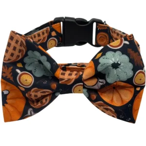 Autumn-themed dog bow tie with pumpkins and leaves.