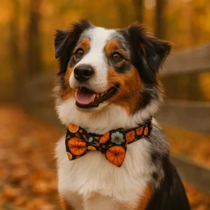 Dog wearing pumpkin-themed bow tie in autumn woods.