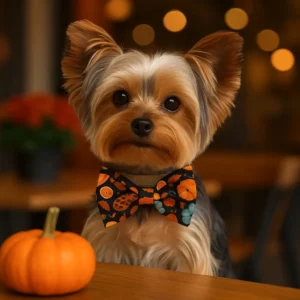 Dog in Halloween bow tie with pumpkin