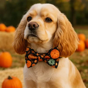 Dog with autumn-themed bow tie among pumpkins