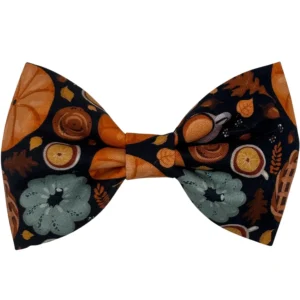 Colorful patterned bow tie with fall-themed designs.
