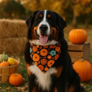 Dog in pumpkin bandana with pumpkins around.