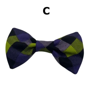 Purple and green checkered bow tie labeled C