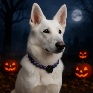White dog with pumpkins, moonlit Halloween night.