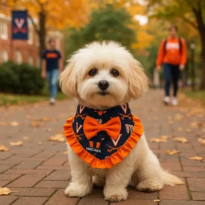 Small dog wearing bowtie in autumn park.