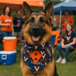 Dog wearing Virginia-themed bandana at tailgate