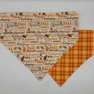 Autumn-themed bandanas with fall words and patterns.