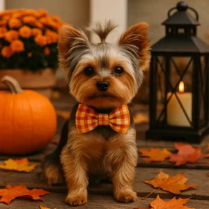 Yorkshire Terrier in autumn decor with lantern.