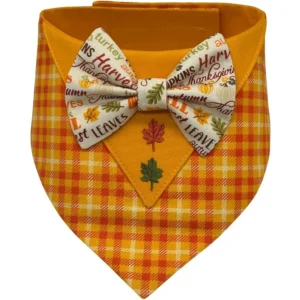 Autumn-themed plaid pet bandana with bow tie.