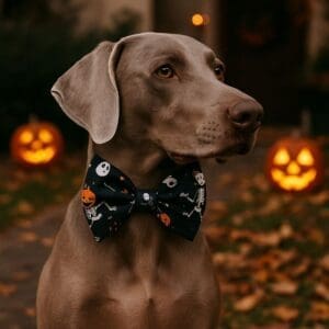 Dog wearing Halloween bow tie with pumpkins.