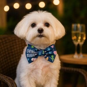 Dog with bow tie, drink theme background
