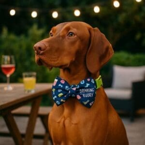 Dog wearing playful bow tie in garden setting.