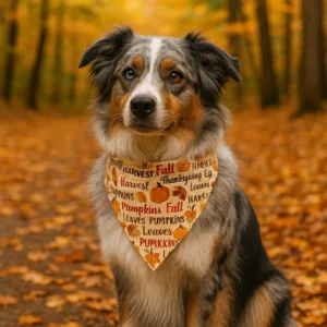 Dog wearing autumn-themed bandana in forest
