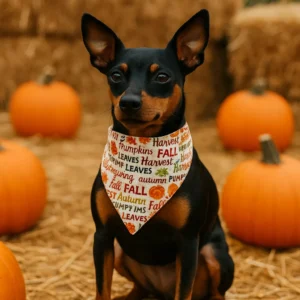 Dog wearing fall bandana with pumpkins background.