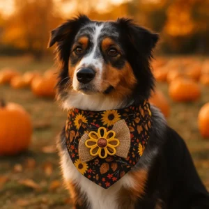 Dog wearing bandana in pumpkin field during autumn.
