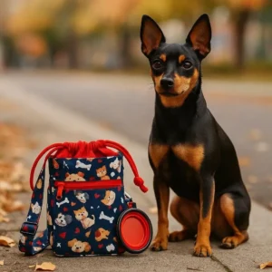 Dog beside patterned bag on street