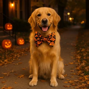 Golden retriever with Halloween bow tie and pumpkins