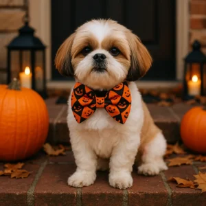 Dog with pumpkin bowtie and pumpkins on porch.