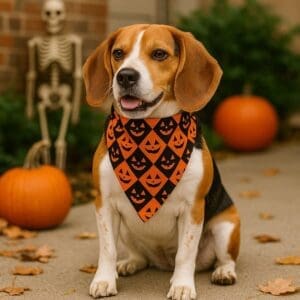 Dog with Halloween bandana and pumpkins outdoors.