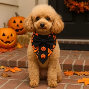Cute dog in Halloween outfit with pumpkins