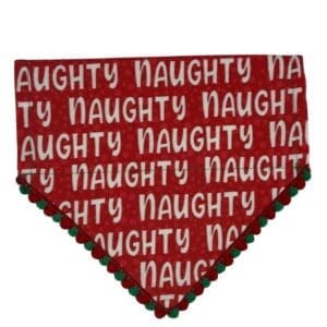 Red bandana with 'NAUGHTY' pattern and pom-poms.