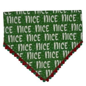 Green bandana with repeating 'nice' text pattern.