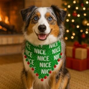Dog in Christmas scarf by fireplace and tree.