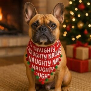 French bulldog with naughty bandana by Christmas tree