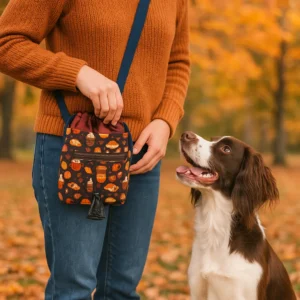 Person with autumn-themed bag and dog in park.