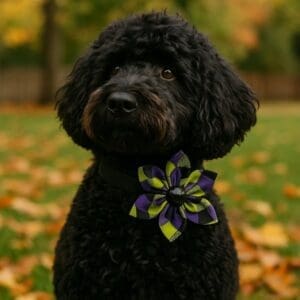 Black poodle with flower collar in autumn leaves.