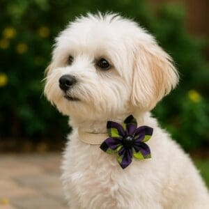 Cute white dog with flower collar outdoors.