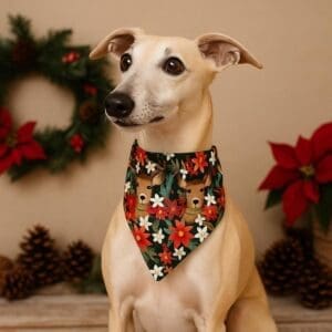 Dog wearing floral bandana with holiday decor.