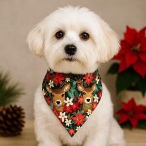 Cute dog wearing festive reindeer bandana, holiday decor.