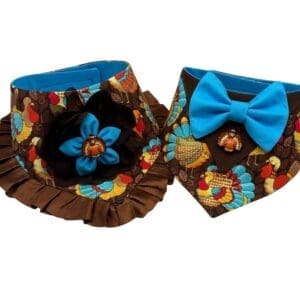 Thanksgiving dog collars with turkey patterns and bows.